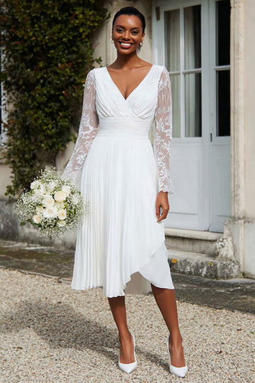 Ivory Long Sleeves V-Neck Pleated Midi Rehearsal Dinner Dress
